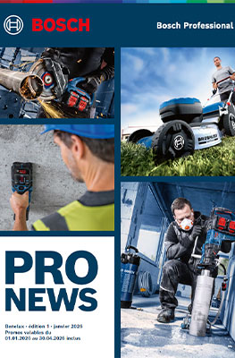 Une collage d'outils Bosch Professional : Un homme avec un appareil de mesure, un autre avec une perceuse, et un véhicule. L'arrière-plan est bleu et gris.