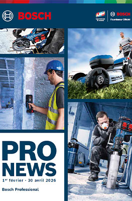 Un dépliant publicitaire de Bosch Professional montre divers outils et applications, y compris un artisan avec un outil sans fil et un tracteur. L'arrière-plan est lumineux et industriel, avec des tons bleus et gris. Le dépliant transmet une atmosphère de travail professionnelle.