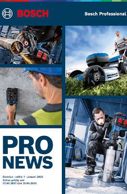 Een Bosch Professional catalogus toont verschillende gereedschappen en machines in actie, inclusief mensen. Bovenaan links is een man met een accugereedschap te zien, daarnaast staat een blauwe machine. Onderaan rechts werkt een andere man met een boor, omringd door gereedschappen. De catalogus heeft een duidelijke, professionele opmaak in blauw en wit.