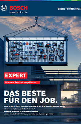 Eine große Werkzeugwand mit verschiedenen Bosch Professional Werkzeugen, darunter Bohrer und Schraubenzieher, hängt in einer Werkstatt. Der Hintergrund zeigt eine moderne Umgebung mit Betonboden und Werkstattausstattung. Die Stimmung ist industriell und professionell.