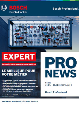 Une bannière d'outils Bosch Professional montre une variété d'outils dans une étagère bleue. En dessous, il est écrit 'PRO NEWS'.