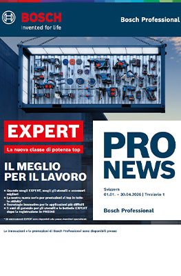 Un catalogo Bosch Professional mostra strumenti su uno scaffale, con il titolo 'PRO NEWS' in alto. Colori blu e grigio.