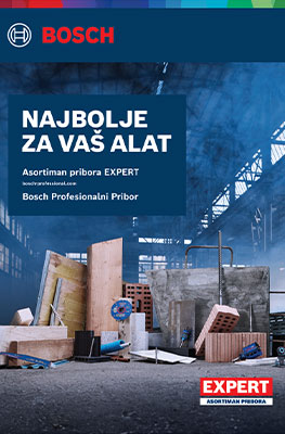 Reklamni plakat Bosch Professional prikazuje alate i materijale u svijetloj dvorani.