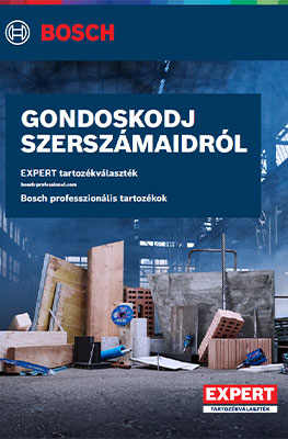 Egy Bosch Professional katalógus egy fa felületen fekszik, szerszámokkal és anyagokkal körülvéve.