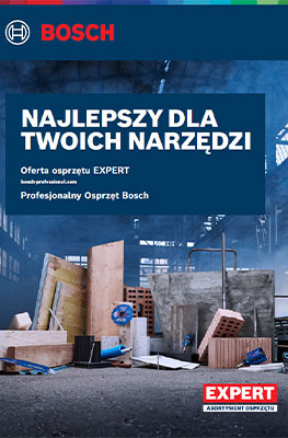 Plakat reklamowy firmy Bosch pokazuje slogan "Najlepszy dla twoich narzędzi" w białym tekście na niebieskim tle. W tle widoczne są narzędzia budowlane i materiały, takie jak drewno, cegły i narzędzia, które przedstawiają plac budowy. Atmosfera wydaje się przemysłowa i profesjonalna.