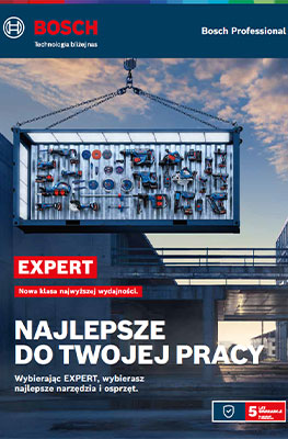 Stojak narzędziowy Bosch Professional z różnymi narzędziami jest zawieszony na ścianie. Tło jest szare i ma przemysłowy charakter.