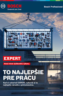 Veľká výstava nástrojov v kontajneri zobrazuje množstvo nástrojov Bosch Professional, vrátane vŕtačiek, píl a ručných nástrojov. Farby sú prevažne modré a šedé, s jasným, štruktúrovaným usporiadaním. Kontajner visí v mestskom prostredí, obklopený stavebným vybavením a stavebnými materiálmi. Atmosféra pôsobí priemyselne a profesionálne.