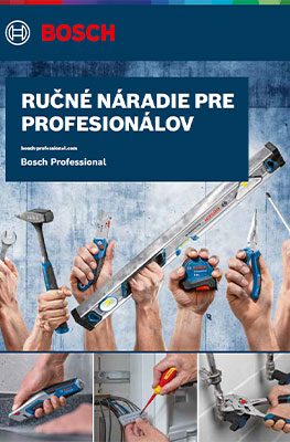 Katalóg náradia Bosch Professional zobrazuje rôzne náradia a ruky v akcii. Farby sú modrá a šedá.