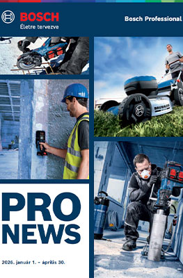 A Bosch Professional "PRO NEWS" borítója különböző szerszámokat mutat be használat közben. Az egyik munkás mellényt visel és fúrót használ, míg a másik kék egyenruhában, légzővédővel dolgozik. A háttérben egy fűnyíró és építkezési környezet látható.