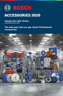 A place full of Bosch Professional accessories: circular saw blades, drills, and other tools in various colors, neatly arranged on a bright background. The atmosphere feels professional and inviting.