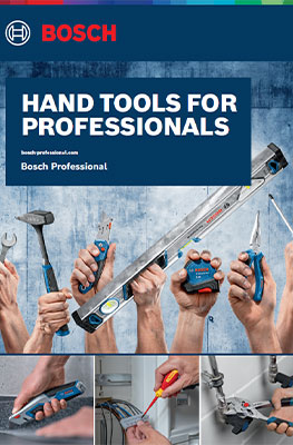 Collage of Bosch Professional hand tools on a gray background, including screwdriver, pliers, and level.