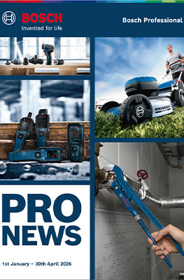 A collage of Bosch Professional tools: cordless screwdriver, tool case, and pliers. In the upper right corner, a lawn mower.