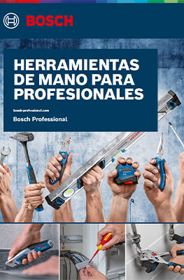 Un catálogo de Bosch Professional muestra varias herramientas manuales en manos de artesanos, rodeadas de una pared gris.