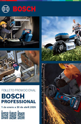 Un catálogo de herramientas Bosch Professional con cuatro imágenes: cortacésped a batería, taladro, trabajador con gafas de protección y amoladora angular, todos en acción.