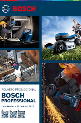 Um folheto publicitário da Bosch Professional mostra várias ferramentas e aplicações em quatro imagens. No canto superior esquerdo: Um trabalhador com uma ferramenta elétrica a bateria azul da Bosch em uma oficina. No canto superior direito: Um cortador de grama em um gramado verde. No canto inferior esquerdo: Uma pessoa com uma ferramenta de medição da Bosch, cercada por peças de metal. No canto inferior direito: Um trabalhador que está processando metal com uma máquina de corte azul da Bosch, gerando faíscas.
