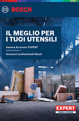 Un catalogo Bosch Professional intitolato "IL MEGLIO PER I TUOI UTENSILI" su uno sfondo di legno.