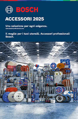 Una copertina di catalogo Bosch Professional mostra una varietà di accessori per strumenti, inclusi dischi da taglio, punte e materiali abrasivi, in diverse colori e dimensioni, disposti su uno sfondo industriale chiaro.