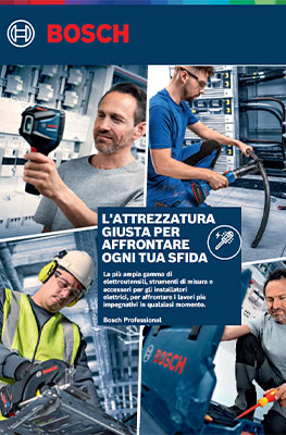 Il poster pubblicitario Bosch Professional mostra diversi artigiani che lavorano con vari strumenti. In alto a sinistra c'è un uomo con un avvitatore a batteria, accanto a lui un uomo con uno strumento elettrico. In basso a sinistra c'è un artigiano con un gilet di sicurezza che tiene un misuratore. L'ambiente è un laboratorio con scaffali di attrezzi e dispositivi tecnici. Il poster ha una colorazione blu con il logo Bosch.