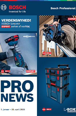 En Bosch Professional værktøjskatalog viser en blå Lancer med tilbehør og en L-Boxx på en lys baggrund.