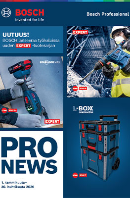 Sininen Bosch Professional akkuvaurain punaisella muotoilulla, ympäröitynä työvälineillä ja työkaluilla.