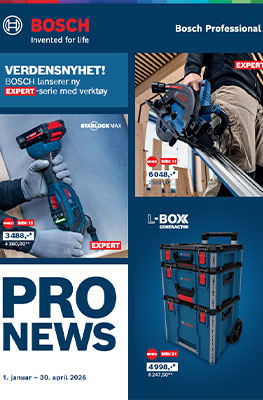 En Bosch Professional verktøykatalog viser en batteridrevet bormaskin, en sirkelsag og en verktøykasse i blått og rødt. Produktene er plassert på en mørk bakgrunn, med priser ved siden av.