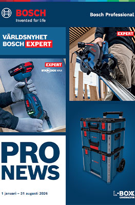 En Bosch Professional verktygskatalog visar en batteridriven skruvdragare, en kap- och geringssåg och en L-Boxx. Bakgrunden är blå och grå.