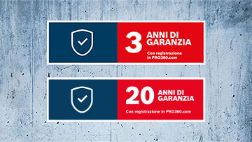 Due etichette di garanzia: 3 anni e 20 anni, su sfondo grigio.