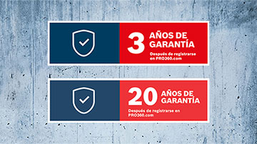 Visualización gráfica con 3 y 20 años de garantía, rojo y azul sobre fondo gris.