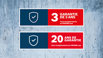 Deux bannières de garantie : 3 ans et 20 ans, sur fond rouge.