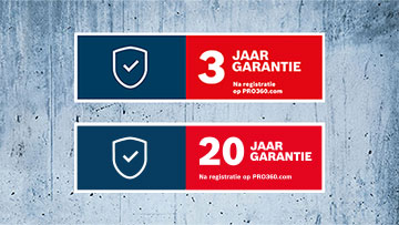 Twee garantiebanieren met 3 en 20 jaar op een grijze achtergrond.