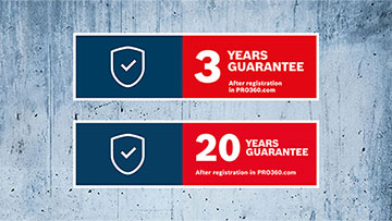 Two warranty notices: 3 years and 20 years, red and blue on concrete.