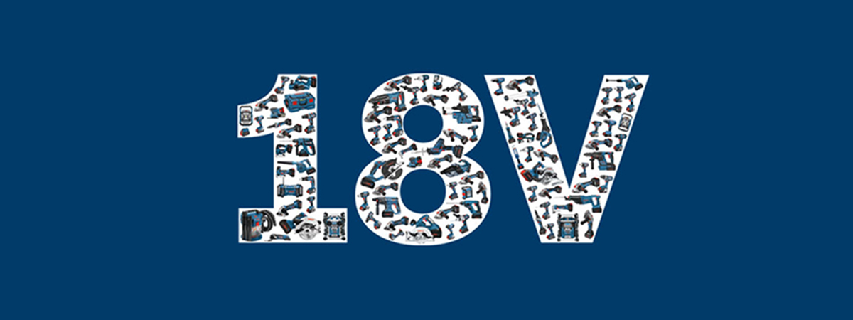 Number 18V from tools on a blue background, Bosch Professional.