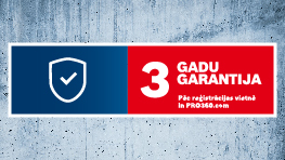 Baneris ar sarkanu un zilu fonu, "3 GADU GARANTIJA" ir fokusā.