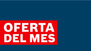 Un fondo azul con un rectángulo rojo que muestra el texto "OFERTA DEL MES" en blanco.