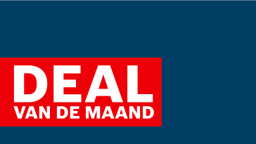 Een rood rechthoek met witte tekst "DEAL" en "VAN DE MAAND" op een blauwe achtergrond.