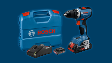 Un șurubelniță electrică albastră de la Bosch, cu încărcător și geantă, pe un fundal uniform.