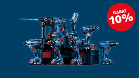 Sześć narzędzi Bosch Professional na niebieskiej powierzchni, zniżka 10%