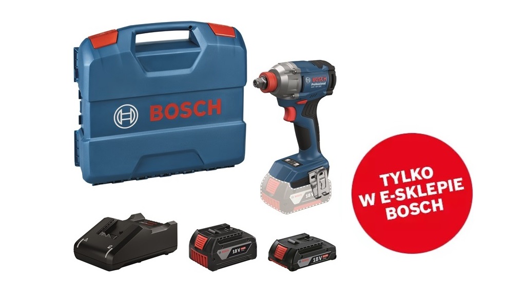 Akumulatorowa wkrętarka Bosch Professional z ładowarką i dwoma niebieskimi akumulatorami.