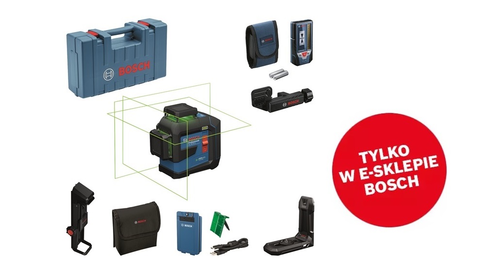 Urządzenie laserowe Bosch Professional z akcesoriami w walizce.