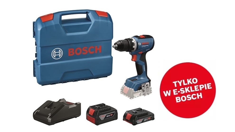 Niebieski akumulatorowy wkrętak Bosch Professional z akcesoriami w walizce.