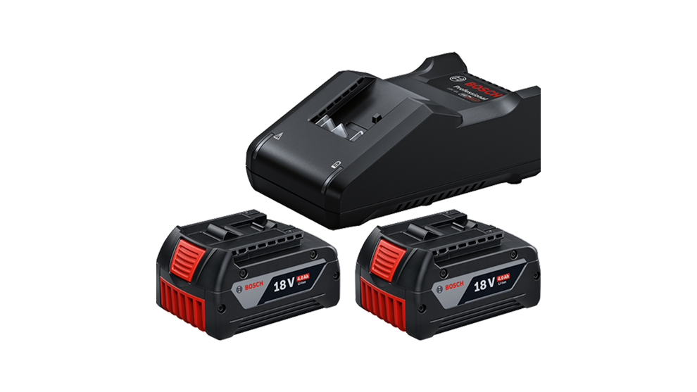 Three Bosch 18V batteries and a charger on a black background, compact design, modern.