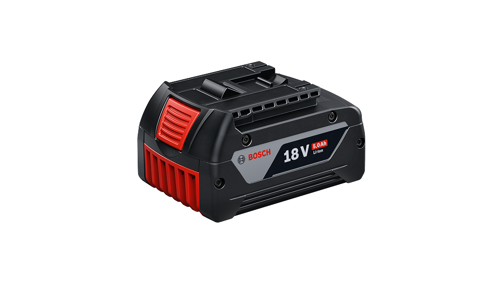 A black lithium-ion battery from Bosch, 18 V, 5.0 Ah, with red and gray elements.