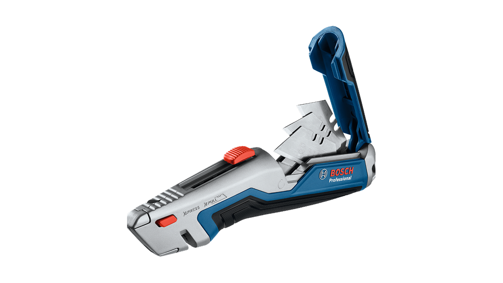Mavi ve kırmızı saplı gümüş renkli Bosch profesyonel kesici, açılmış ve kullanıma hazır.