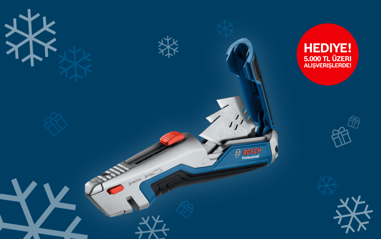 Gümüş ve mavi renkte, kırmızı vurgulara sahip çok işlevli bir alet, mavi bir arka planda.