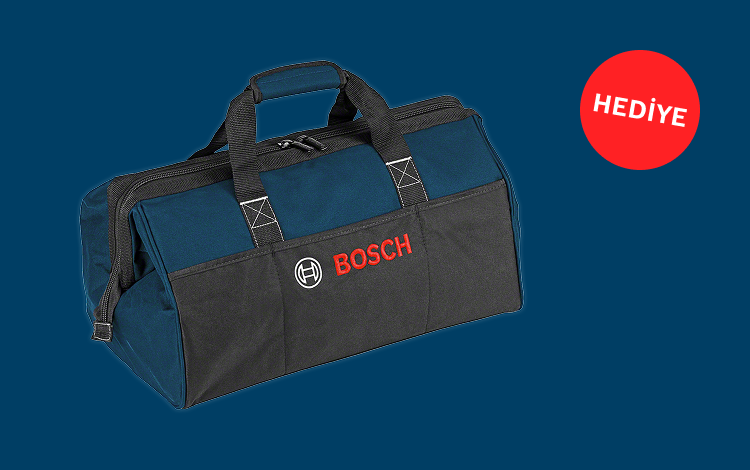 Sade bir arka planda siyah tabanlı mavi Bosch Professional alet çantası. 'BOSCH' yazısı kırmızı.