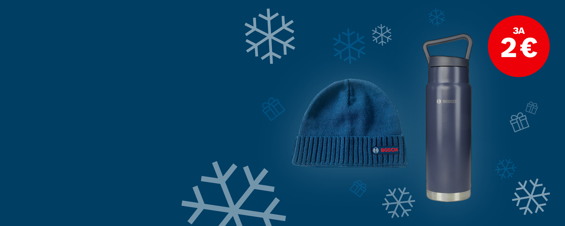 Тъмен син фон показва сива термос бутилка и синя шапка. Снежинки и подаръци са декоративни.