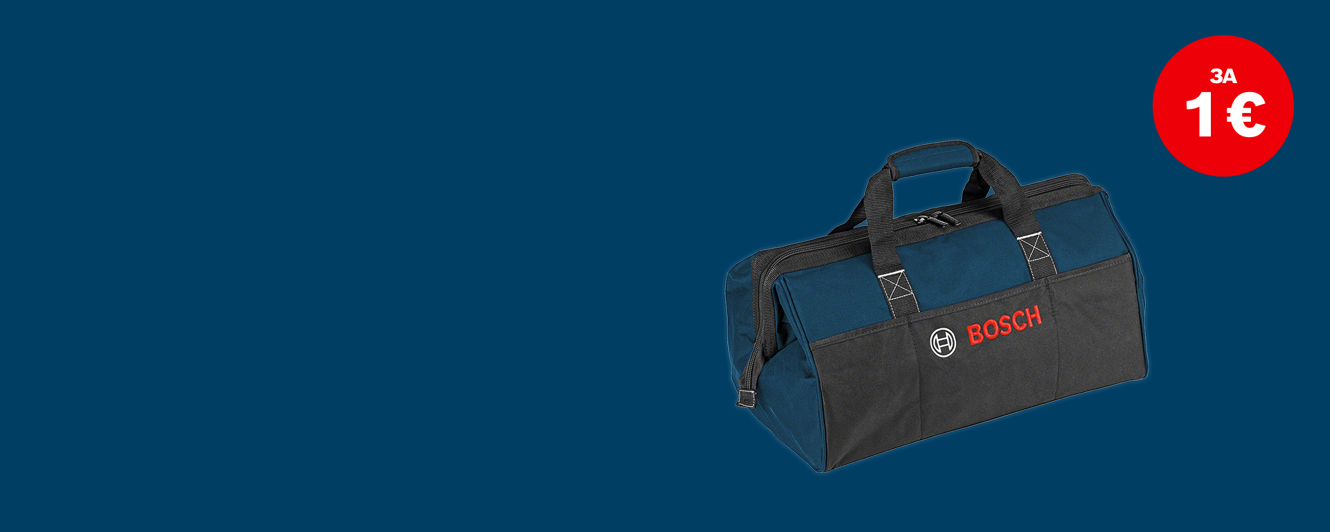 Тъмносиня чанта за инструменти с черни елементи и червено лого "Бош" на едноцветен фон.