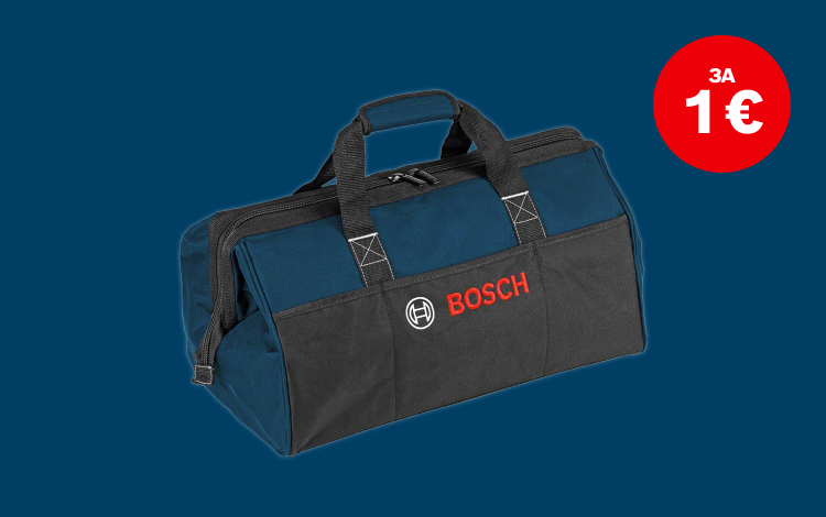 Черен и син инструментален калъф на Bosch с червен надпис на черен плат, стои пред син фон.