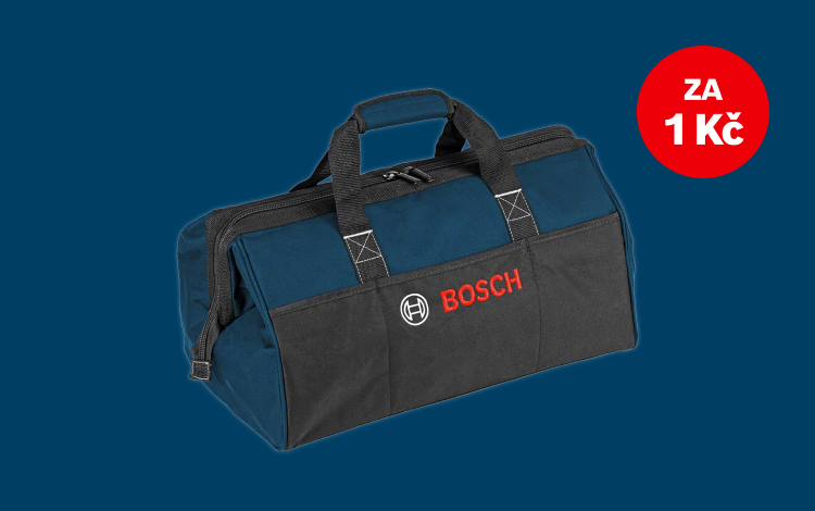 Černá a tmavě modrá taška na nářadí od Bosch Professional s červeným logem na jednobarevném pozadí.