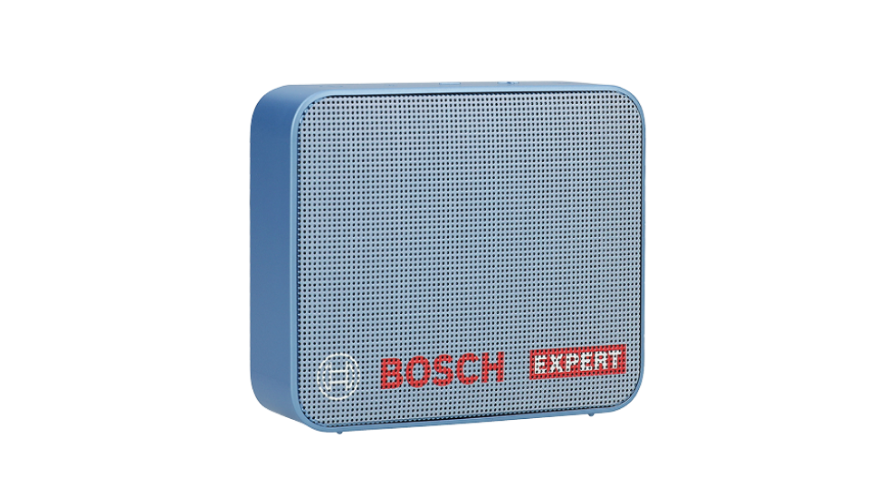 Modrý Bluetooth reproduktor s perforovaným předním panelem a červeným nápisem 'BOSCH EXPERT'.